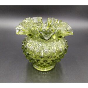 Vintage Fenton Green Glass Hobnail Vase Bowl Ruffled Edge  Candy Dish